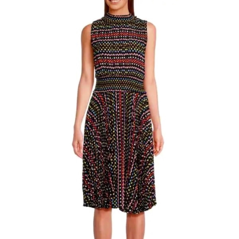 Nanette Lepore Multicolor Polka Dot Smocked High Neck Dress Size 10